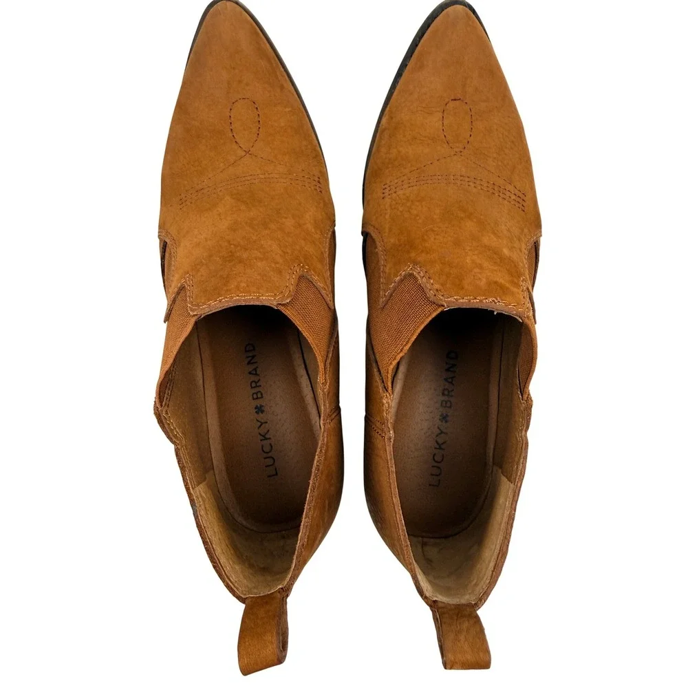 Lucky Brand Tan Leather Western Ankle Boots Pointed Toe Brown Booties 7M 37